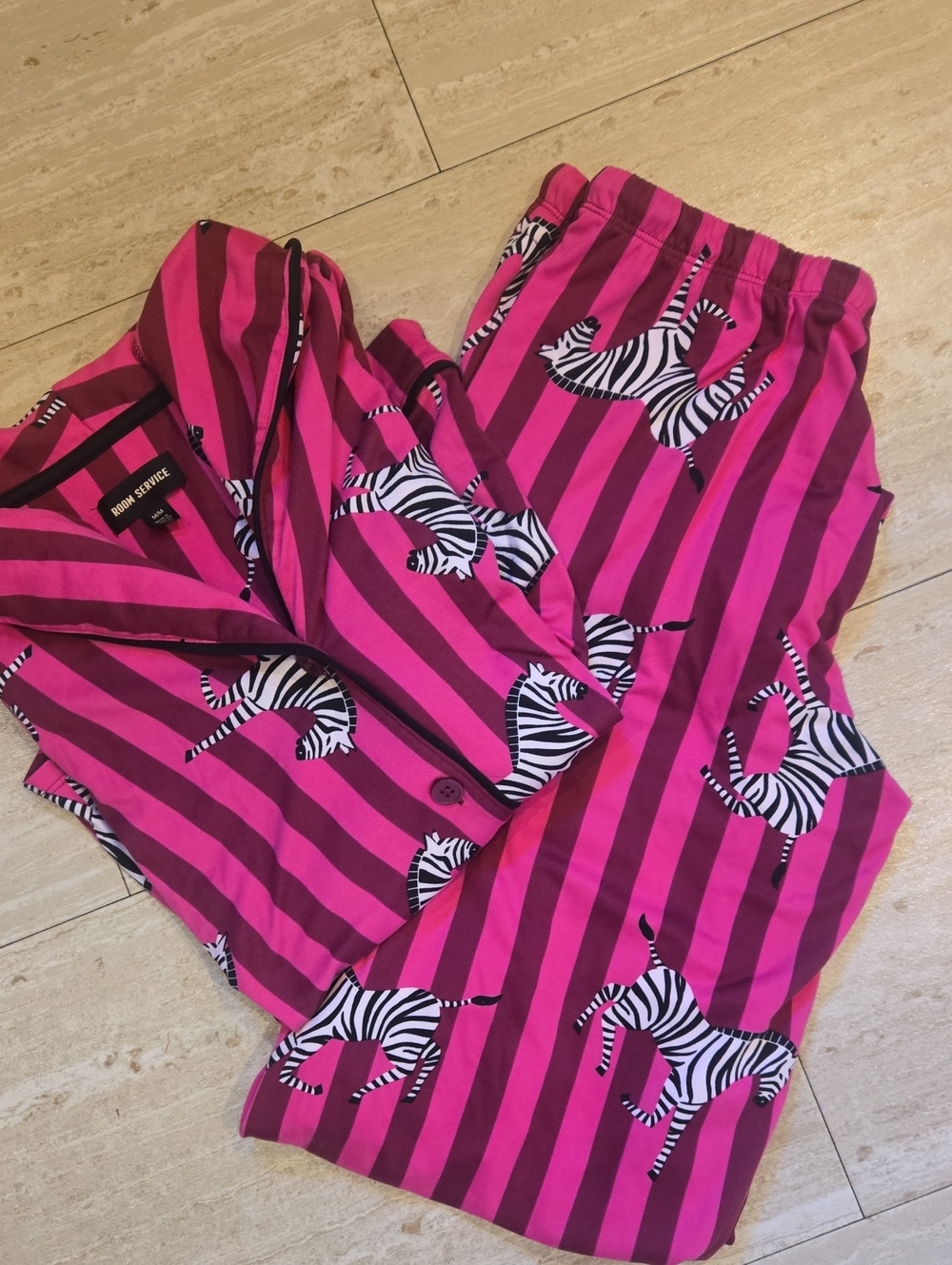 Room Service Pink Striped Zebra Print Pajama Set - Picture 1 of 11